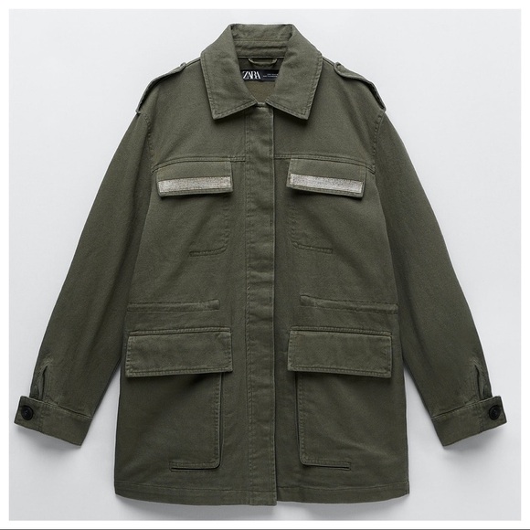 NWT. Zara Khaki Shiny Combined Jacket. Size XS. - Picture 5 of 9